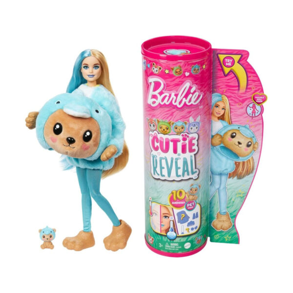 MATTEL Barbie Cutie Reveal – Bambola con Costume di Peluche da Orsacchiotto-Delfino HRK25