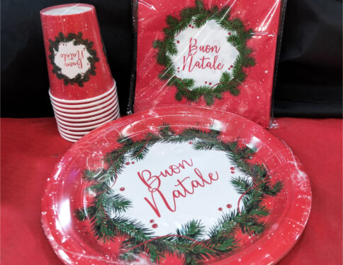Kit tavola Buon Natale completo: 10 piatti + 10 bicchieri + 10 tovaglioli coordinati