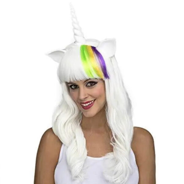 Parrucca Bianca di Unicorno con Frangia Colorata Corno e Orecchie