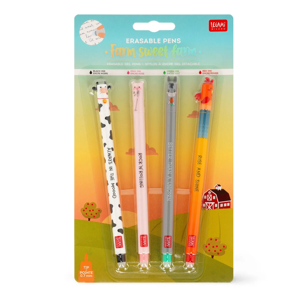 LEGAMI Set di 4 Penne Gel Cancellabili – Farm Sweet Farm – Erasable Pen